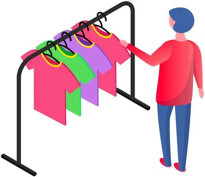 Choosing clothes in store, shopping concept. Male buyer chooses clothing in Stock Illustration