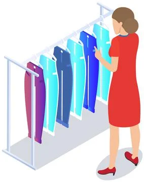Choosing clothes in store, shopping concept. Female buyer chooses clothing in Stock Illustration