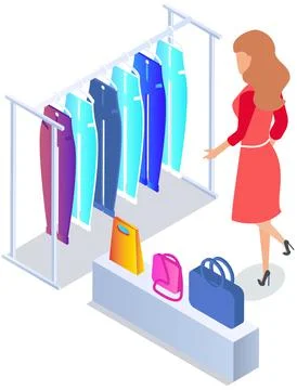 Choosing clothes in store, shopping concept. Female buyer chooses clothing in Stock Illustration