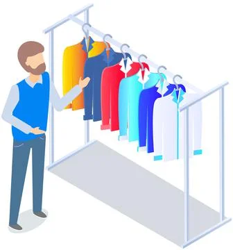 Choosing clothes in store, shopping concept. Male buyer chooses clothing in Stock Illustration