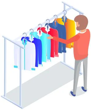 Choosing clothes in store, shopping concept. Male buyer chooses clothing in Stock Illustration