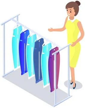 Choosing clothes in store, shopping concept. Female buyer chooses clothing in Stock Illustration