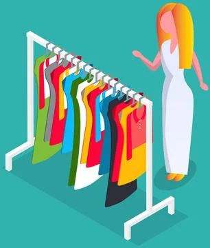Choosing clothes in store, shopping concept. Female buyer chooses clothing in Stock Illustration