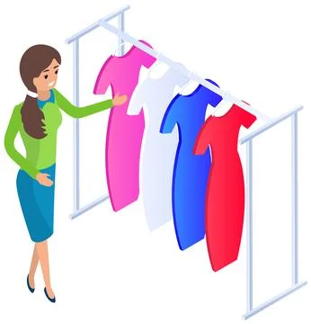 Choosing clothes in store, shopping concept. Female buyer chooses clothing in Stock Illustration