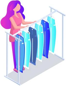 Choosing clothes in store, shopping concept. Female buyer chooses clothing in Stock Illustration