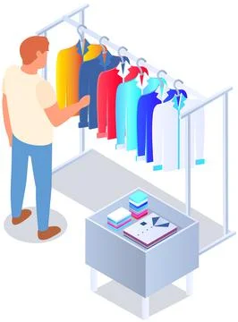 Choosing clothes in store, shopping concept. Male buyer chooses clothing in Stock Illustration