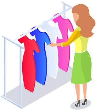 Choosing clothes in store, shopping concept. Female buyer chooses clothing in Stock Illustration