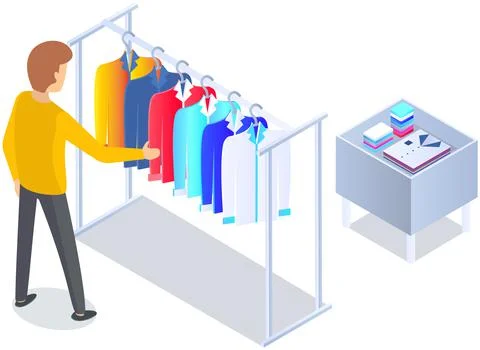 Choosing clothes in store, shopping concept. Male buyer chooses clothing in Stock Illustration