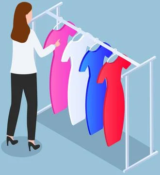 Choosing clothes in store, shopping concept. Female buyer chooses clothing in Stock Illustration