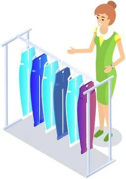 Choosing clothes in store, shopping concept. Female buyer chooses clothing in Stock Illustration