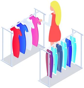 Choosing clothes in store, shopping concept. Female buyer chooses clothing in Stock Illustration