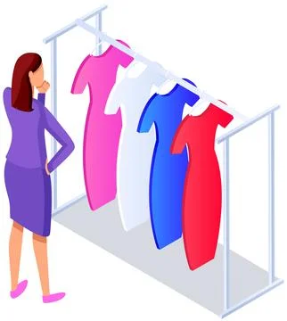 Choosing clothes in store, shopping concept. Female buyer chooses clothing in Stock Illustration