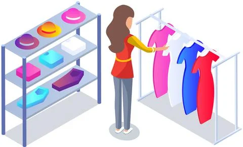 Choosing clothes in store, shopping concept. Female buyer chooses clothing in Stock Illustration