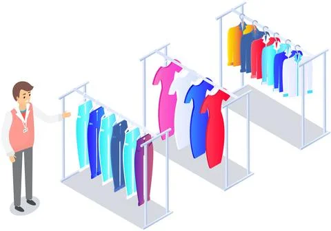 Choosing clothes in store, shopping concept. Male buyer chooses clothing in Stock Illustration