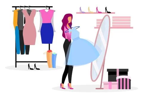 Choosing clothes in wardrobe flat illustration Stock Illustration