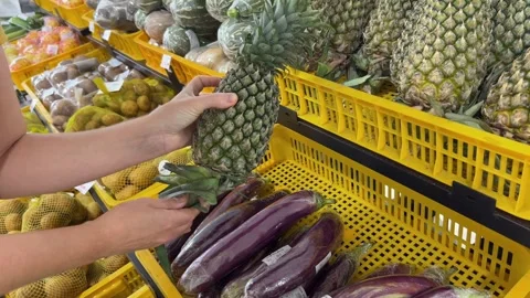 Choosing Fresh Pineapple in Grocery Aisle Stock Footage 259498837