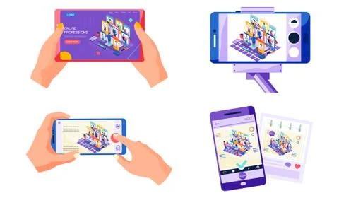 Choosing a future profession. Hands are holding a smartphone with men of various Illustrazione stock