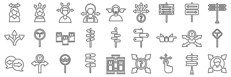 Choosing multiple directions icons set. Conceptual icons representing decisio Stock Illustration
