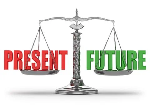 Choosing present or future. scales on white isolated background. Stock Illustration