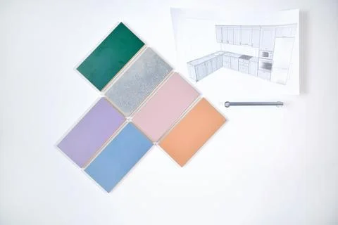 Choosing samples of materials and colors of woods for interior project. Top v Foto stock