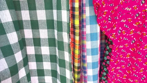 Choosing Thai Fabric Traditional Pattern Cotton and Silk Textile in Local Market Stock Footage 331874397