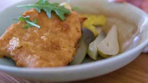 Chop with potatoes Fish sticks fishs shaped breaded fish nuggets fast food fresh Stock Footage 310938544