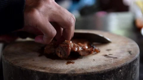 Choping grill beef for party Stock Footage 155644038
