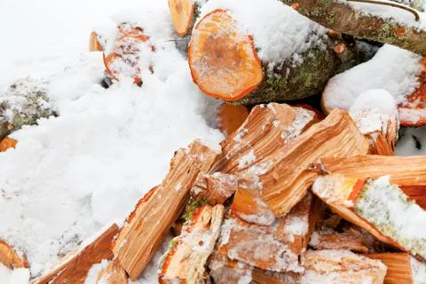 Chopped alder fire wood in snow Stock Photos