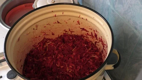 Chopped beets in a large saucepan. healthy eating concept Stock Footage 160097776