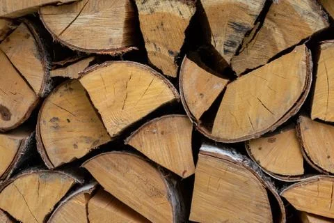 Chopped birch logs background Rustic base end of the barrel close-up, natural Stock Photos