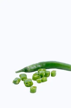 Chopped chillies on white background. side view 写真素材