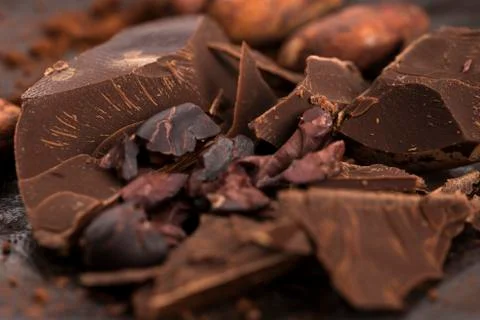 Chopped chocolate with cacao Stock Photos