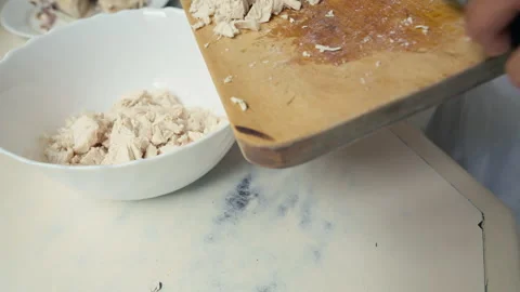 Chopped cooked chicken breast being poured into a white bowl. Stock Footage 338341569