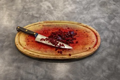 Chopped &amp; Diced Cooked Beetroot Kitchen Knife on Red Stained Oval Wooden Board Stock Photos