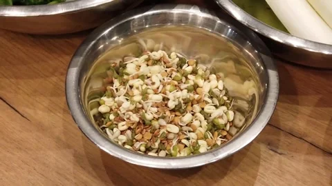 Chopped garlic, shallots, and mixed seeds in stainless steel prep bowls Stock Footage 330138573