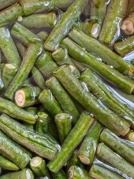 Chopped Green Long Beans Soaking in Water Close Up Stock Photos