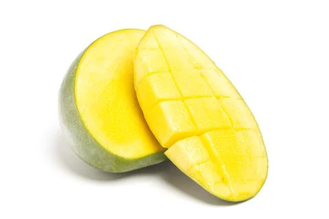 Chopped half of ripe mango fruit isolated on white background Stock-Fotos