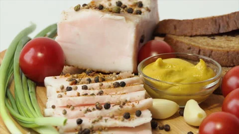 Chopped lard on a cutting board A large piece of lard with skin and sprinkled Stock Footage 194581209
