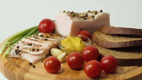 Chopped lard on a cutting board A large piece of lard with skin and sprinkled Stock Footage 194854060
