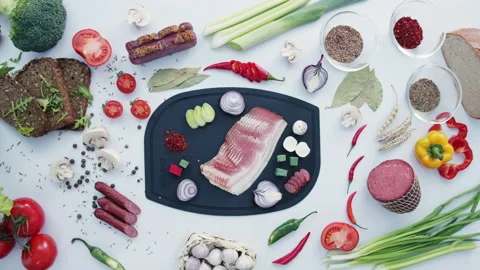 Chopped meat and vegetables on plastic cutting board Stock Footage 229846379