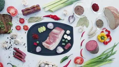 Chopped meat and vegetables on plastic cutting board Stock Footage 231721243