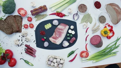 Chopped meat surrounded by fresh vegetables on board Stock Footage 233189934