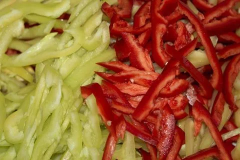 Chopped multi colored bell peppers for freezing Stock Photos