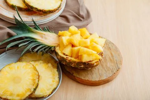 Chopped pineapple salad in half pineapple. Fresh delicious pineapple cut into Stock Photos