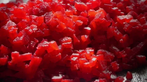 Chopped red vegetables create beautiful culinary artistry for a variety of fresh Видео 304742596