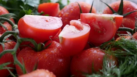 Chopped Tomato Slices Falling Down Stock Footage 55493209