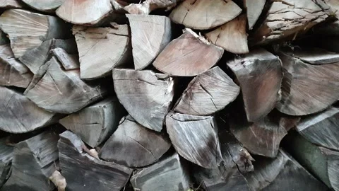 The chopped trunks of trees is stacked in a large log woodpile in the yard Vidéo 139299300