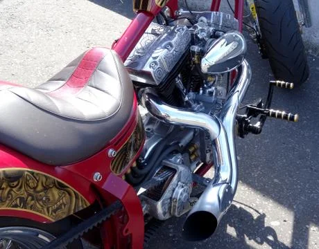 Chopper Motorcycle Rear Engine And Exhaust Pipe View Stock Photos