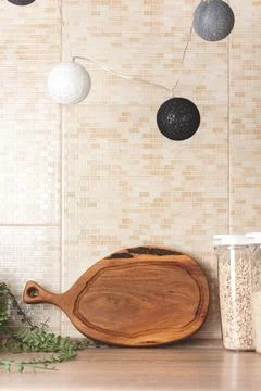 Chopping board mock up. Cutting board mockup in kitchen. Stock Photos