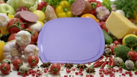Chopping board for preparing ingredients lying among food Stock Footage 229846744